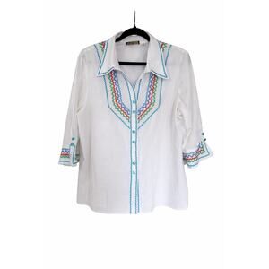Bob Mackie Wearable Art XL White Ric Rac Embroidered Western Boho Cowgirl Top